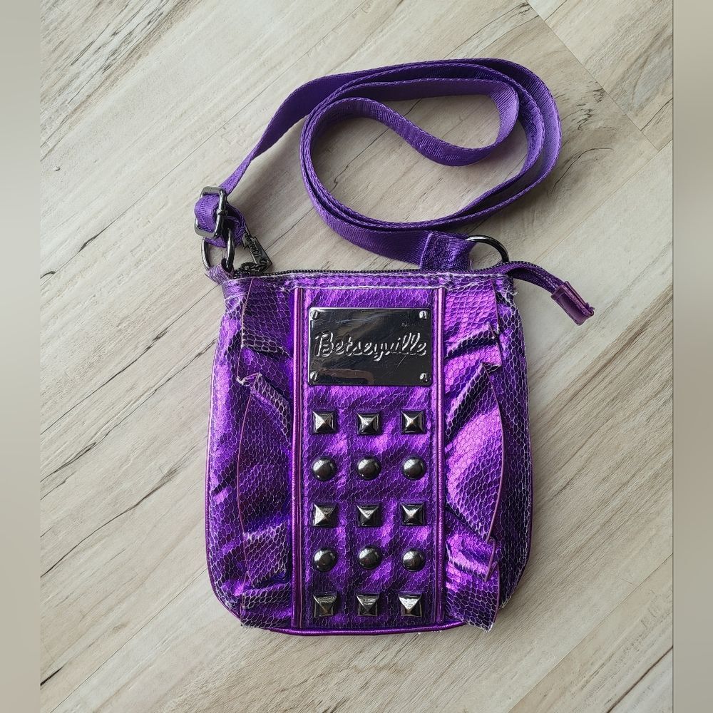 Betseyville ⚡️Metallic Purple Sling Messenger Crossbody Bag Studded Ruffle Rare
